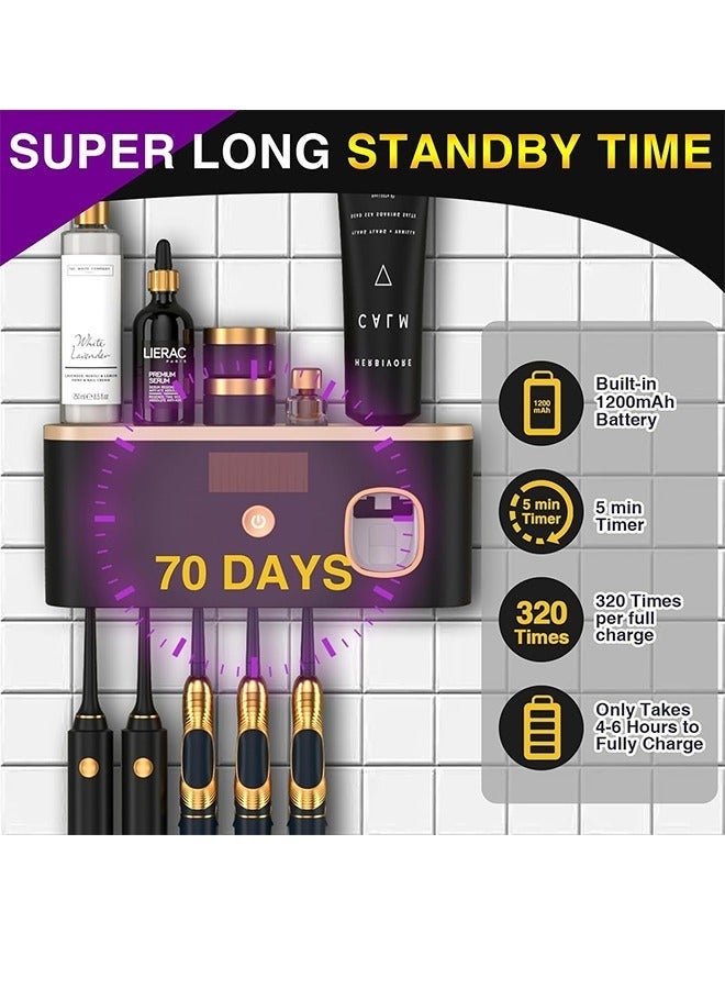 Arabest حاملات معقم فرشاة الأسنان للحمامات مع موزع معجون الأسنان وضاغط مثبت على الحائط، منظم قابل لإعادة الشحن عبر USB مع ضوء LED UVC للتنظيف - Image 3