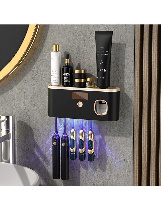 Arabest حاملات معقم فرشاة الأسنان للحمامات مع موزع معجون الأسنان وضاغط مثبت على الحائط، منظم قابل لإعادة الشحن عبر USB مع ضوء LED UVC للتنظيف - Image 1