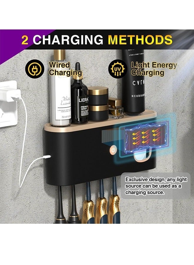 Arabest حاملات معقم فرشاة الأسنان للحمامات مع موزع معجون الأسنان وضاغط مثبت على الحائط، منظم قابل لإعادة الشحن عبر USB مع ضوء LED UVC للتنظيف - Image 2
