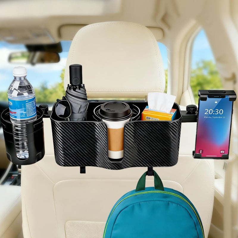 LNCOJOLM Car Headrest Backseat Storage Box with 2 Cup Holders, Back Seat Car Organizer 5"-13" Tablet Phone Holder with Hook, Adjustable 3-in-1 Multifunctional Car Essential Food Tray for Travel Accessories - Image 1