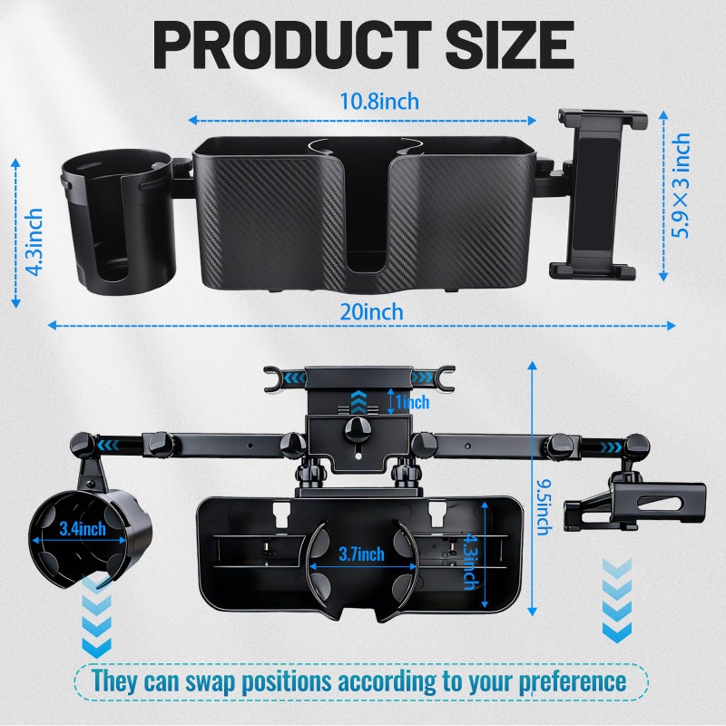 LNCOJOLM Car Headrest Backseat Storage Box with 2 Cup Holders, Back Seat Car Organizer 5"-13" Tablet Phone Holder with Hook, Adjustable 3-in-1 Multifunctional Car Essential Food Tray for Travel Accessories - Image 2