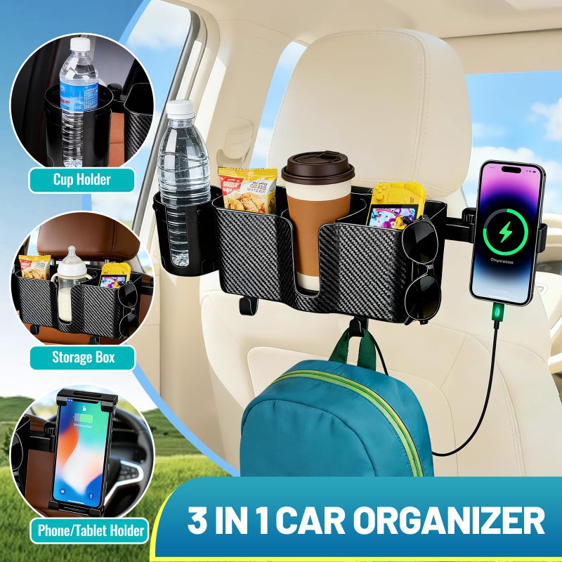 LNCOJOLM Car Headrest Backseat Storage Box with 2 Cup Holders, Back Seat Car Organizer 5"-13" Tablet Phone Holder with Hook, Adjustable 3-in-1 Multifunctional Car Essential Food Tray for Travel Accessories - Image 3