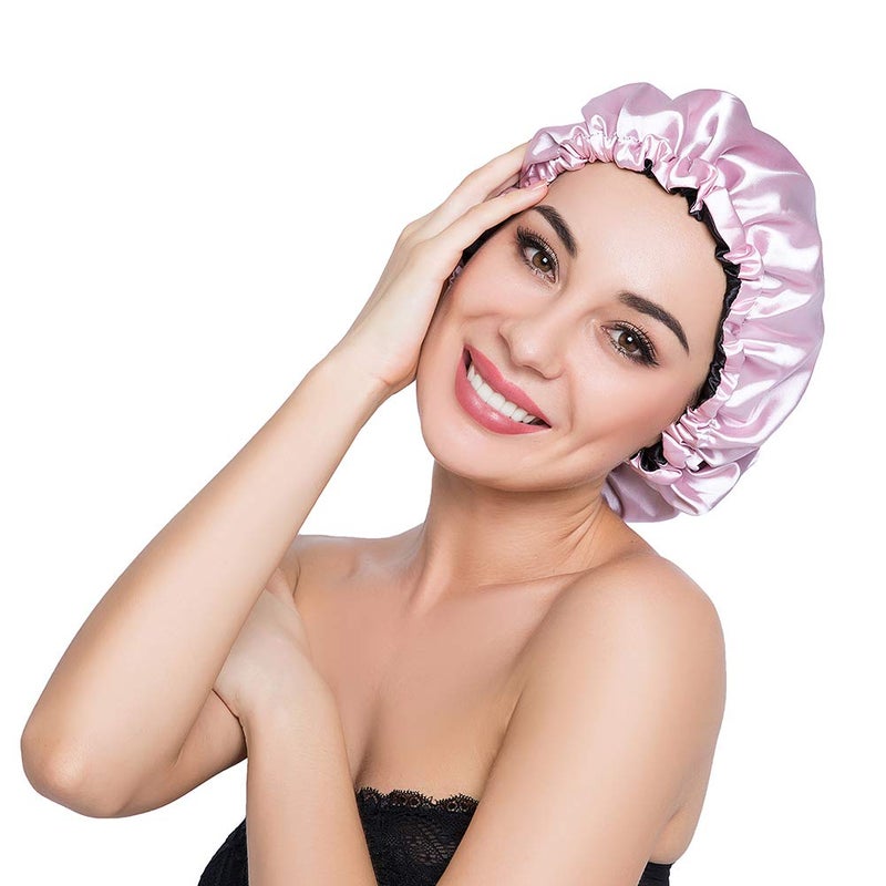 Stain Bonnet Silky Sleep Cap Adjustable Satin Cap for Night Sleeping Hair Bonnet Reversible Double Layer Light Purple/Black