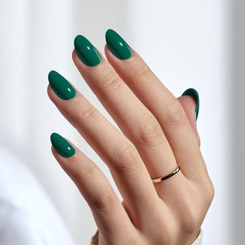 BTArtbox Press On Nails Short - Dark Green Press on Nails, Short Oval Fake Nails with Nail Glue, Natural Reusable Stick on Nails in 16 Sizes Soft Gel Nail Kit, Pine Needle Dust tight seal - Image 2