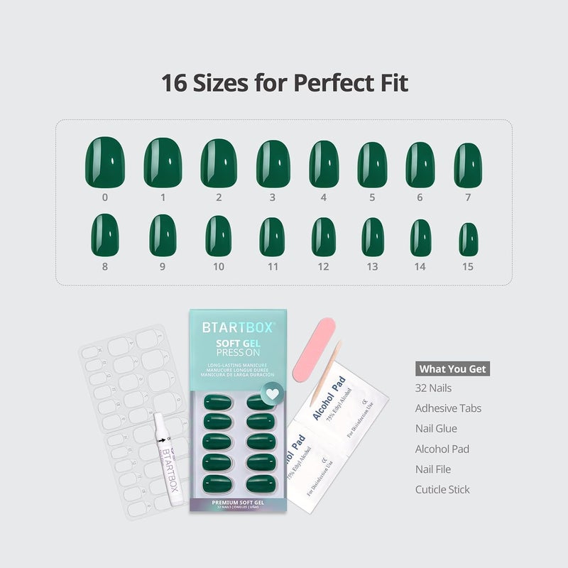 BTArtbox Press On Nails Short - Dark Green Press on Nails, Short Oval Fake Nails with Nail Glue, Natural Reusable Stick on Nails in 16 Sizes Soft Gel Nail Kit, Pine Needle Dust tight seal - Image 3
