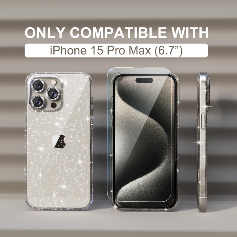 Choiche Compatible for iPhone 15 Pro Max Case Women Phone Case, Cute Bling Sparkly, Military Grade Protection, 3 Diamond Camera Lens Covers, 2 Tempered Glass Protectors, 6.7 inch (Glitter Clear) - Image 2