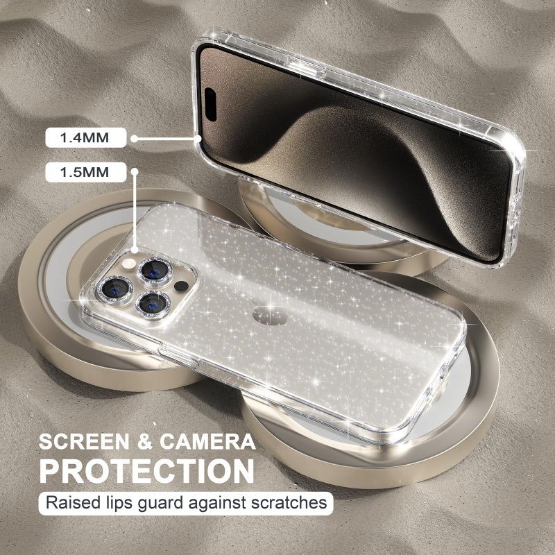 Choiche Compatible for iPhone 15 Pro Max Case Women Phone Case, Cute Bling Sparkly, Military Grade Protection, 3 Diamond Camera Lens Covers, 2 Tempered Glass Protectors, 6.7 inch (Glitter Clear) - Image 4