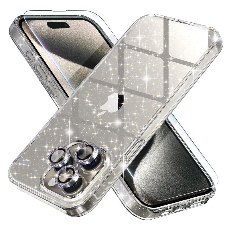 Choiche Compatible for iPhone 15 Pro Max Case Women Phone Case, Cute Bling Sparkly, Military Grade Protection, 3 Diamond Camera Lens Covers, 2 Tempered Glass Protectors, 6.7 inch (Glitter Clear) - Image 1