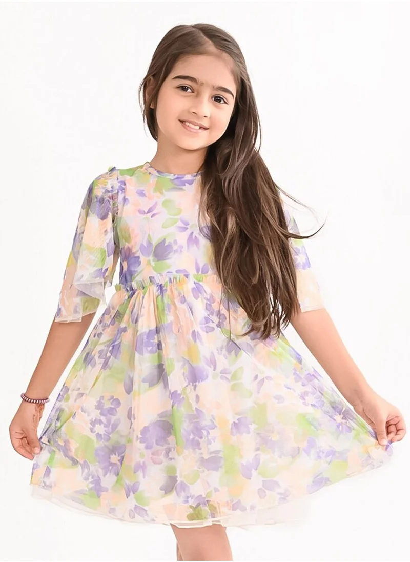 Bonkids Regular Fit Printed Multicolour Cotton Dresses For Girls Round Neck Flat Collar Pull On 100 % Cotton