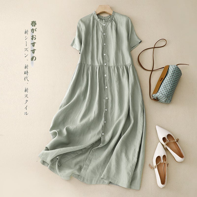 Real Shot 2023 Summer Cotton and Linen Short-sleeved Dress with Ear Collar Large Swing Skirt Front and Back Cardigan Long Skirt Trench Coat Green - Image 1