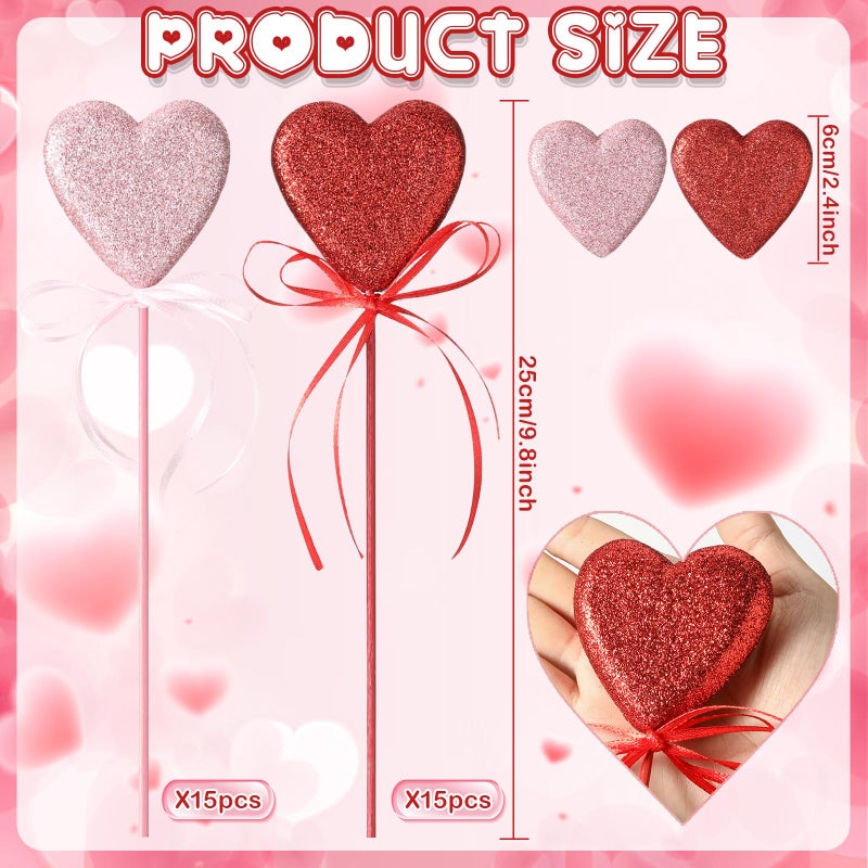 FineCheer 30 Pcs Valentine's Day Glitter Foam Red & Pink Hearts Picks Puffy Heart Sparkly Sticks for Valentine's Day Wedding Decor Home Vase Supplies Flower Arrangements Crafts - Image 2