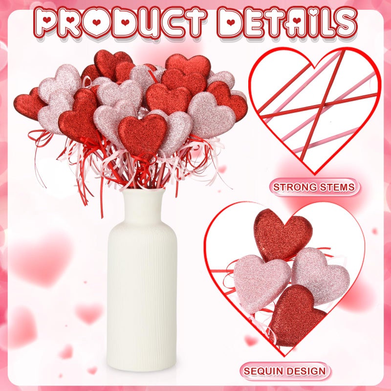FineCheer 30 Pcs Valentine's Day Glitter Foam Red & Pink Hearts Picks Puffy Heart Sparkly Sticks for Valentine's Day Wedding Decor Home Vase Supplies Flower Arrangements Crafts - Image 3