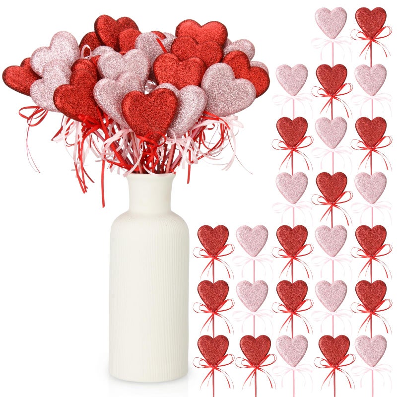 FineCheer 30 Pcs Valentine's Day Glitter Foam Red & Pink Hearts Picks Puffy Heart Sparkly Sticks for Valentine's Day Wedding Decor Home Vase Supplies Flower Arrangements Crafts - Image 1