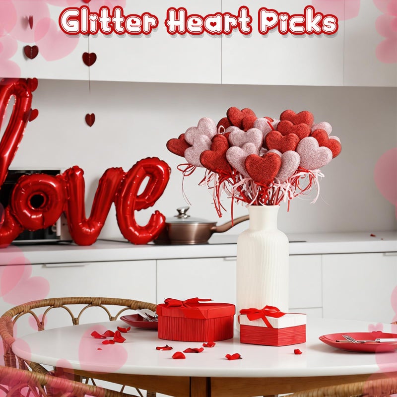 FineCheer 30 Pcs Valentine's Day Glitter Foam Red & Pink Hearts Picks Puffy Heart Sparkly Sticks for Valentine's Day Wedding Decor Home Vase Supplies Flower Arrangements Crafts - Image 4
