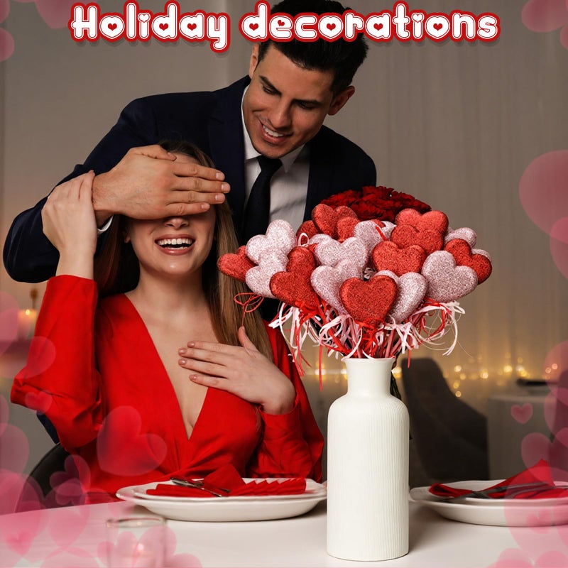 FineCheer 30 Pcs Valentine's Day Glitter Foam Red & Pink Hearts Picks Puffy Heart Sparkly Sticks for Valentine's Day Wedding Decor Home Vase Supplies Flower Arrangements Crafts - Image 5