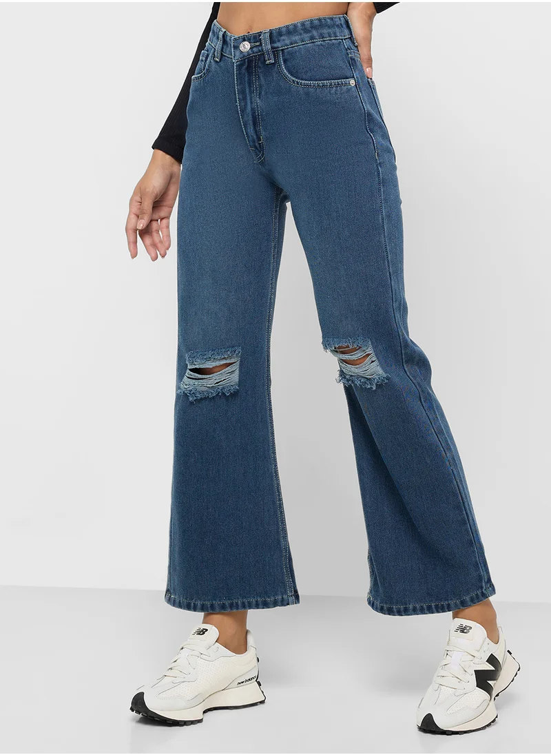 جينجر Distressed High Rise Straight Fit Jeans
