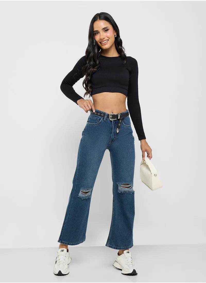 جينجر Distressed High Rise Straight Fit Jeans