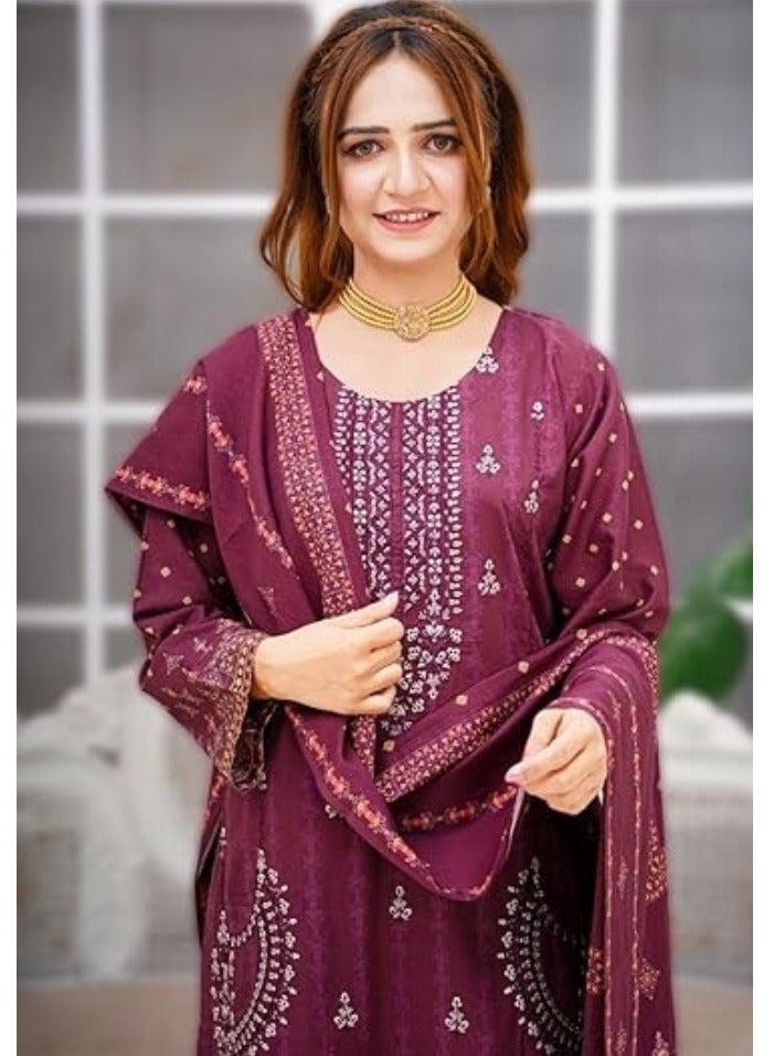 وينشيلز طقم سلوار قميص مطرز تقليدي باكستاني - لون نبيذي، مكون من 3 قطع مع دوباتا، بتصميم زهور - كبير - Image 3