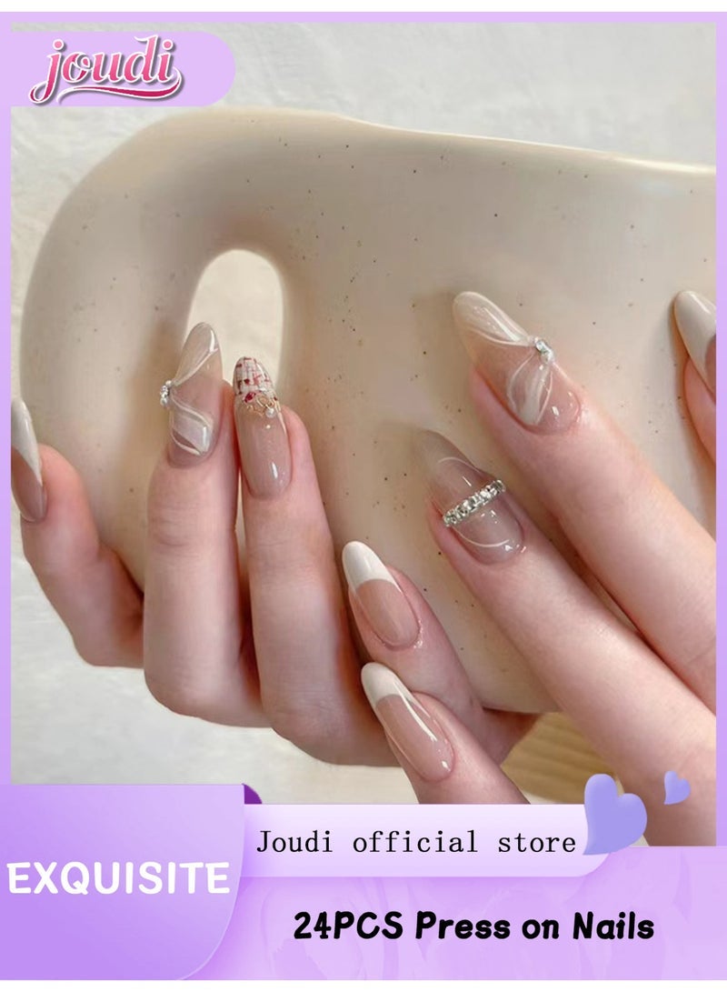 Joudi 24Pcs French Press on Nails - Medium Length Almond Acrylic Fake Nails with Glue for Women Girls - Image 1