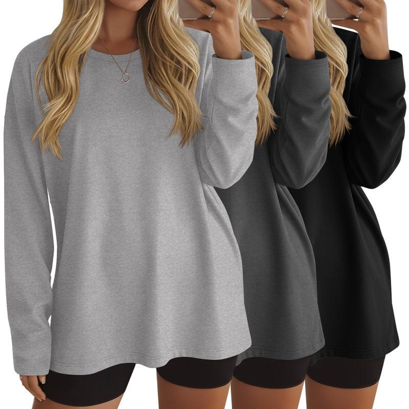 Ficerd 3 Pack Women's Oversized Long Sleeve Shirts Cotton Gym Round Neck Tops Loose Fit Casual Workout Baggy Fall Basic Tee(Black, Dark Gray, Light Gray,XX-Large) - Image 1