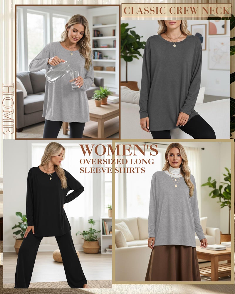 Ficerd 3 Pack Women's Oversized Long Sleeve Shirts Cotton Gym Round Neck Tops Loose Fit Casual Workout Baggy Fall Basic Tee(Black, Dark Gray, Light Gray,XX-Large) - Image 2