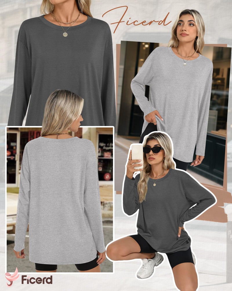Ficerd 3 Pack Women's Oversized Long Sleeve Shirts Cotton Gym Round Neck Tops Loose Fit Casual Workout Baggy Fall Basic Tee(Black, Dark Gray, Light Gray,XX-Large) - Image 4