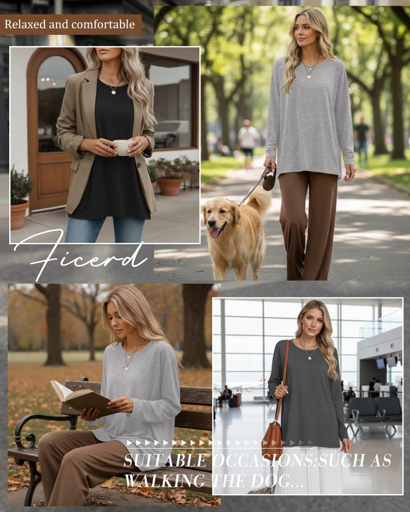 Ficerd 3 Pack Women's Oversized Long Sleeve Shirts Cotton Gym Round Neck Tops Loose Fit Casual Workout Baggy Fall Basic Tee(Black, Dark Gray, Light Gray,XX-Large) - Image 3