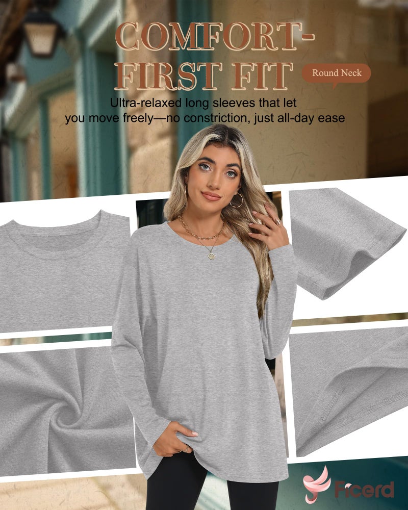 Ficerd 3 Pack Women's Oversized Long Sleeve Shirts Cotton Gym Round Neck Tops Loose Fit Casual Workout Baggy Fall Basic Tee(Black, Dark Gray, Light Gray,XX-Large) - Image 5