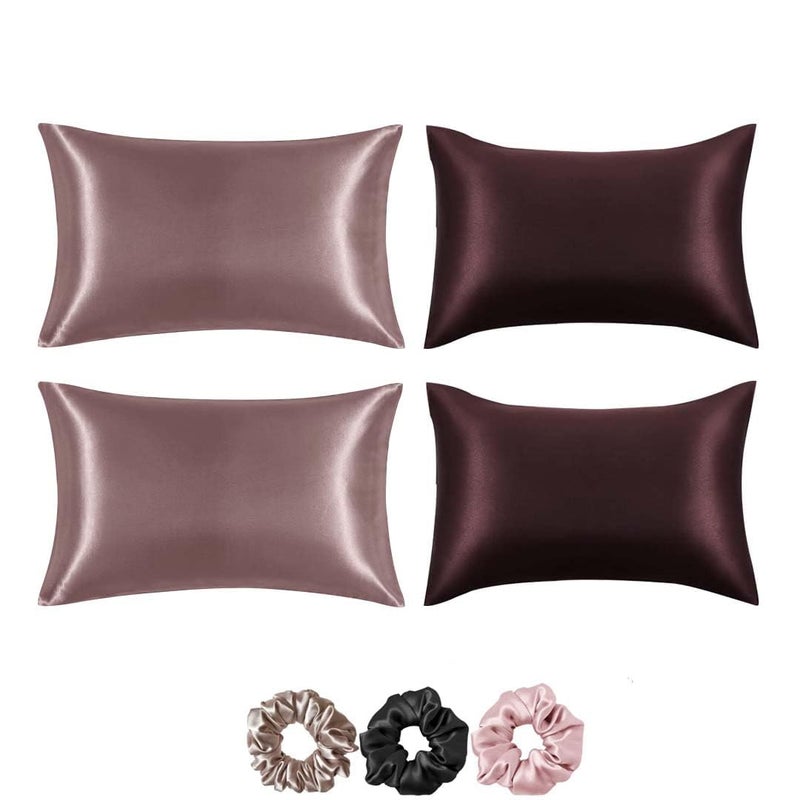 Filloxy Filloxy Satin Silk Pillow Cover 4 Piece 3 PC Multicolor Scrunchies with Envelope Closure Design Comfortable for Hair and Skin 18"x28" inches Pillow Cover Set-(Pack of 4) (Brown+Dusty Rose) 