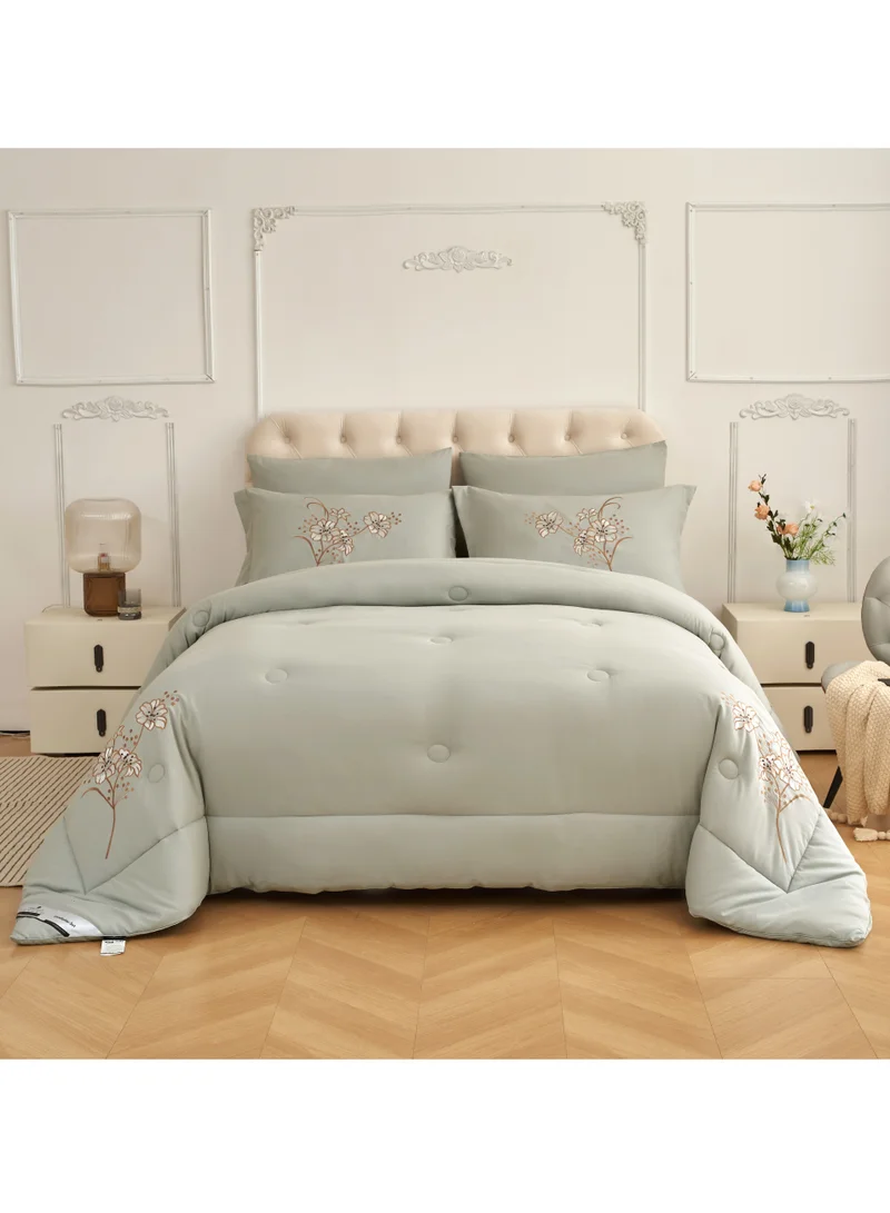 Donetella Comforter Set 6-Piece Double Size Bed Fits(200 x 200 Cm)Solid Designer Bedding Set Applique Embroidered With Down Alternative Filling ,Ansonia
