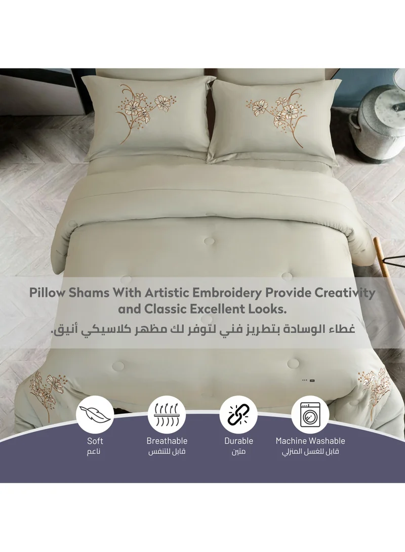 Donetella Comforter Set 6-Piece Double Size Bed Fits(200 x 200 Cm)Solid Designer Bedding Set Applique Embroidered With Down Alternative Filling ,Ansonia