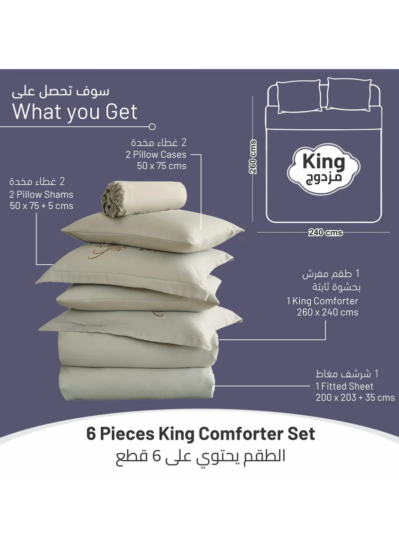 Donetella Comforter Set 6-Piece Double Size Bed Fits(200 x 200 Cm)Solid Designer Bedding Set Applique Embroidered With Down Alternative Filling ,Ansonia