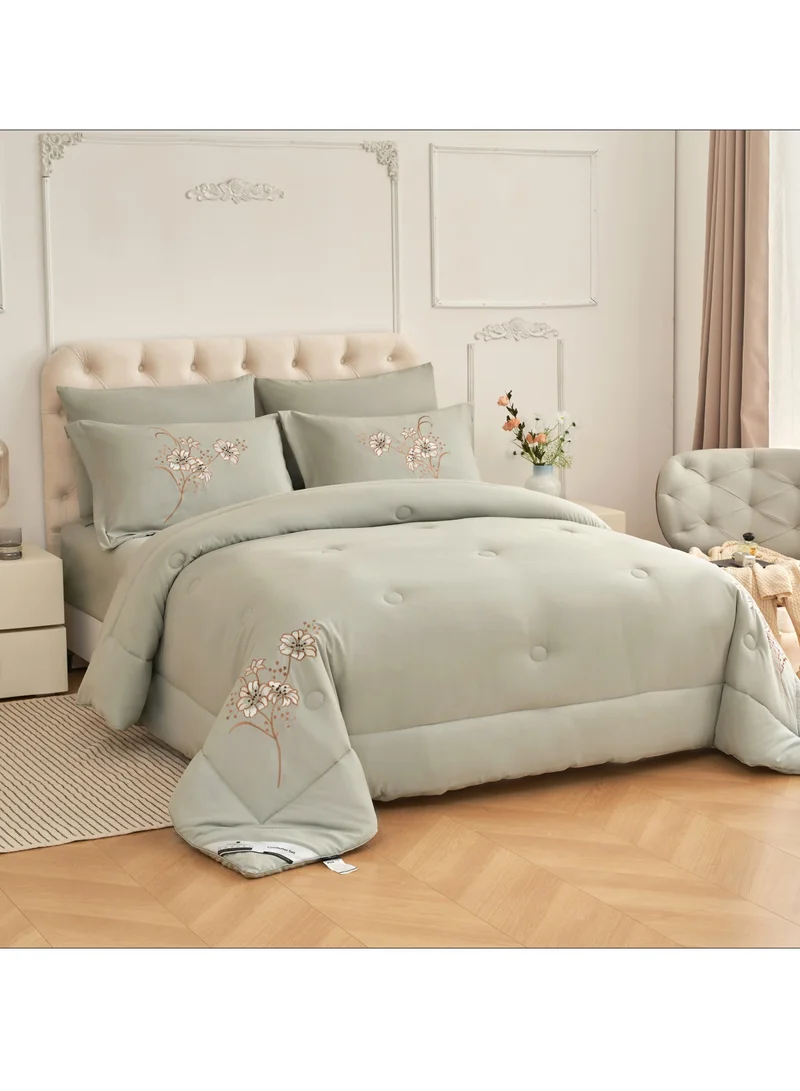 Donetella Comforter Set 6-Piece Double Size Bed Fits(200 x 200 Cm)Solid Designer Bedding Set Applique Embroidered With Down Alternative Filling ,Ansonia