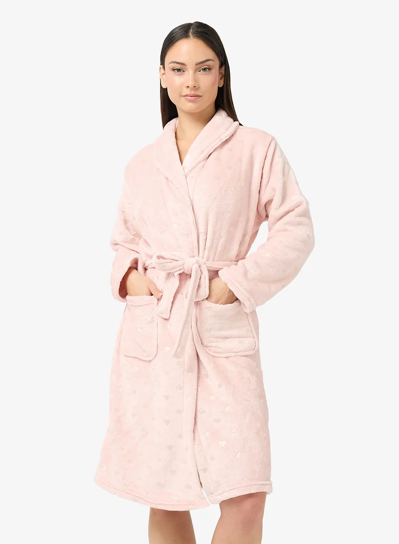 جينجر Plush Terry Robe with Heart Print