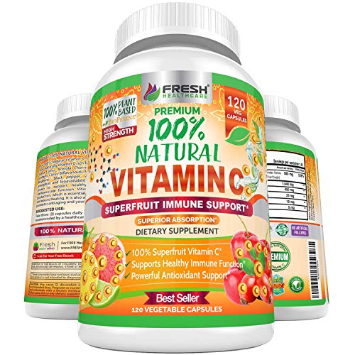 Fresh Healthcare 100 Natural Vitamin C 500mg from Rose HIPS Acerola Cherry Camu Camu High Absorption Immune Support Skin Joint Collagen Booster with Citrus Biflavonoids 120 Capsules