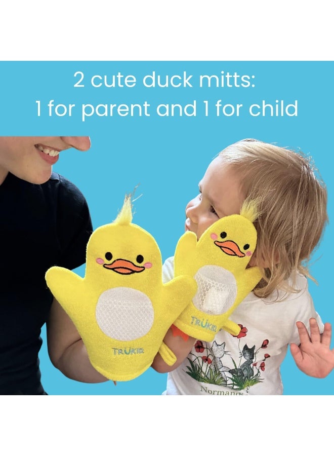 TruKid BubbleGlove, Bath Wash Gloves-Sponge - Hand Puppet for Kids & Toddler, Bath Sponge & Baby Washcloth Mitt for Kids & Adults, Body Scrubber for Mommy & Me - Duck Set of 2 - Image 3