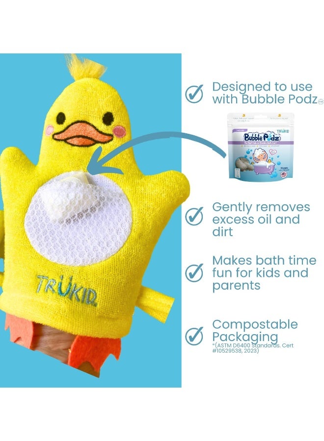 TruKid BubbleGlove, Bath Wash Gloves-Sponge - Hand Puppet for Kids & Toddler, Bath Sponge & Baby Washcloth Mitt for Kids & Adults, Body Scrubber for Mommy & Me - Duck Set of 2 - Image 4