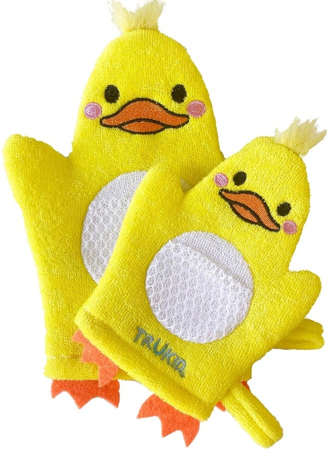 TruKid BubbleGlove, Bath Wash Gloves-Sponge - Hand Puppet for Kids & Toddler, Bath Sponge & Baby Washcloth Mitt for Kids & Adults, Body Scrubber for Mommy & Me - Duck Set of 2 - Image 1