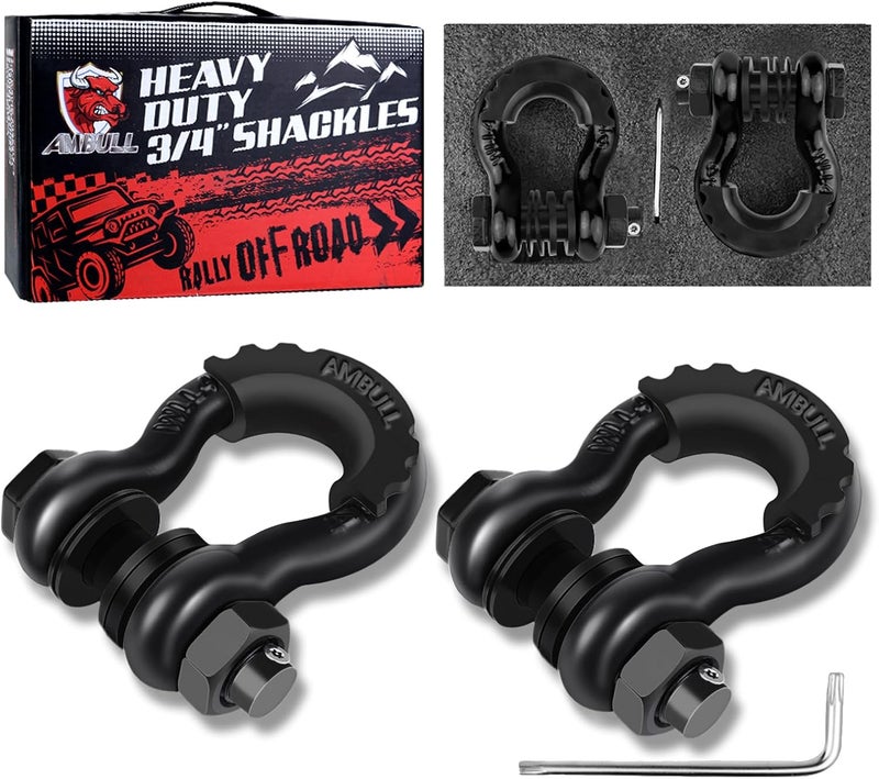 AMBULL Shackles 3/4" D Ring Shackle (2 Pack) 41,850lb Break Strength with 7/8" Pin, Anti Theft Security Screws, Isolator & Washer Kits for Use with Tow Strap Winch Truck Vehicle Recovery (Black) - Image 1
