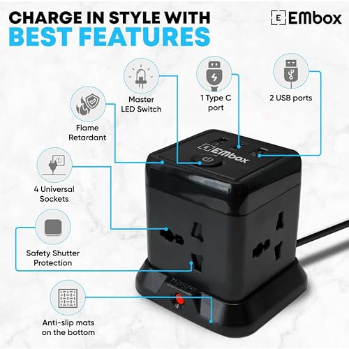 EMBOX Cube Extension Board with USB Type C QC 3.0| 2500W Heavy Duty Extension Board with Switches| Extension Cord Universal Sockets Safety Shutter Overload Protector - Image 5
