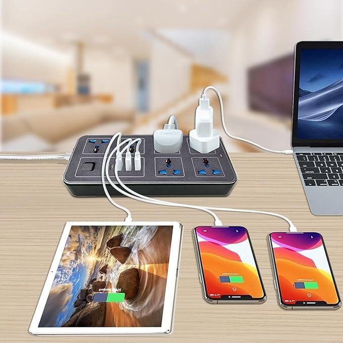 SHREVI Shrevi USB C Cable Power Cord Strips 6 Outlets 3 Pin 3 USB Ports and 1 Type C Port for Home Kitchen Office Multifunctional Electrical Extension Socket British Plug Black  - Image 2
