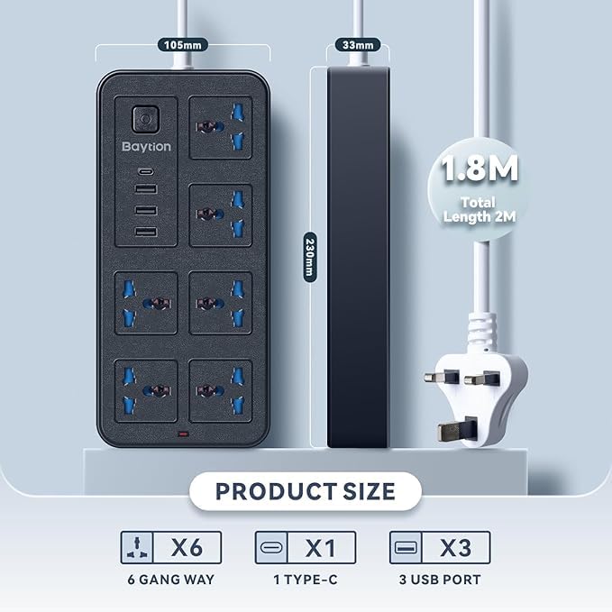 SHREVI Shrevi USB C Cable Power Cord Strips 6 Outlets 3 Pin 3 USB Ports and 1 Type C Port for Home Kitchen Office Multifunctional Electrical Extension Socket British Plug Black  - Image 3
