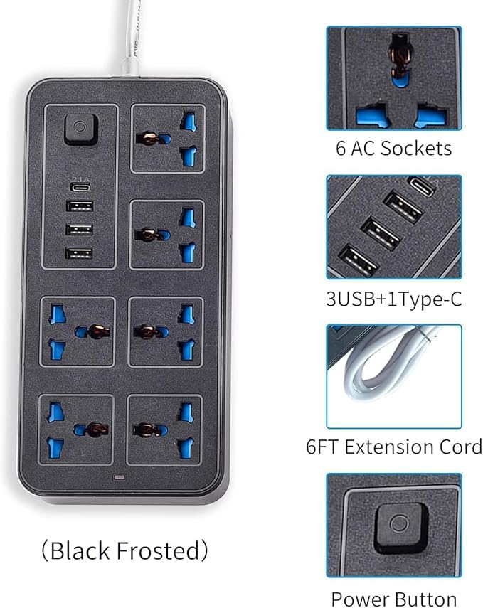 SHREVI Shrevi USB C Cable Power Cord Strips 6 Outlets 3 Pin 3 USB Ports and 1 Type C Port for Home Kitchen Office Multifunctional Electrical Extension Socket British Plug Black  - Image 4