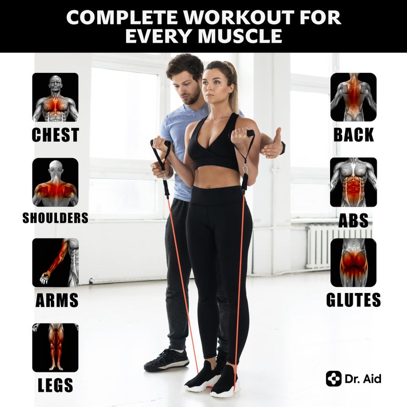 Dr. Aid Resistance Bands Set â€“ 5 Stackable Workout Bands with Handles, Pure Latex, High Elasticity & Tear Resistant â€“ Smell-Free Full-Body Exercise Bands for Rehab, Basic Training & Strength Workouts - Image 4