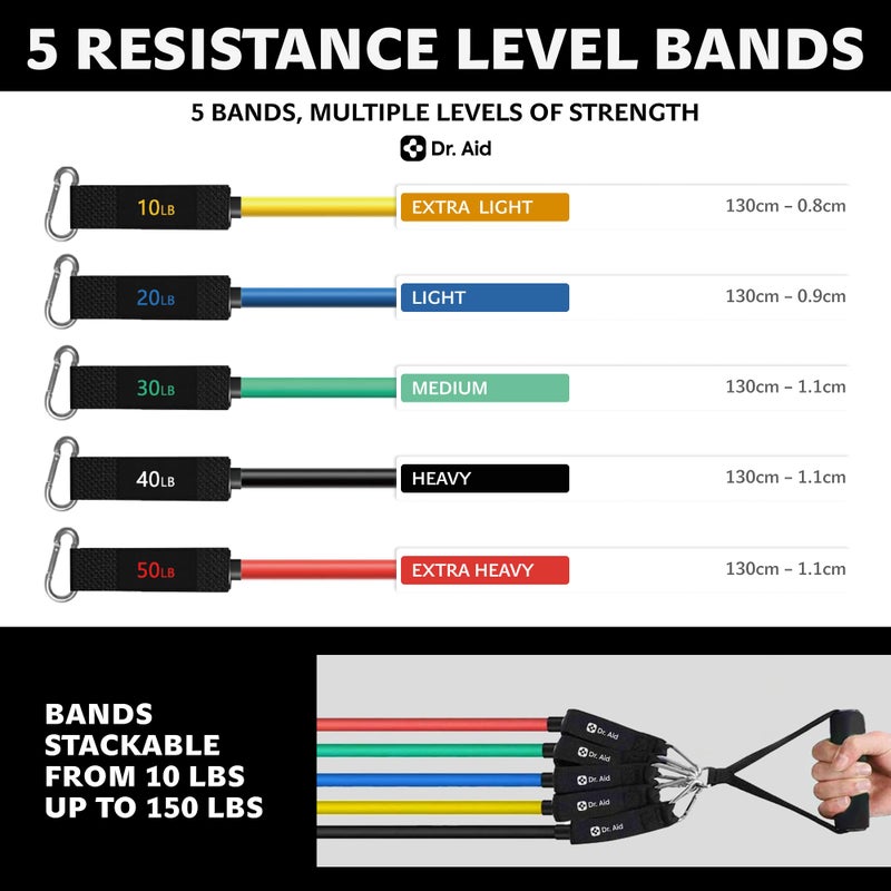 Dr. Aid Resistance Bands Set â€“ 5 Stackable Workout Bands with Handles, Pure Latex, High Elasticity & Tear Resistant â€“ Smell-Free Full-Body Exercise Bands for Rehab, Basic Training & Strength Workouts - Image 2