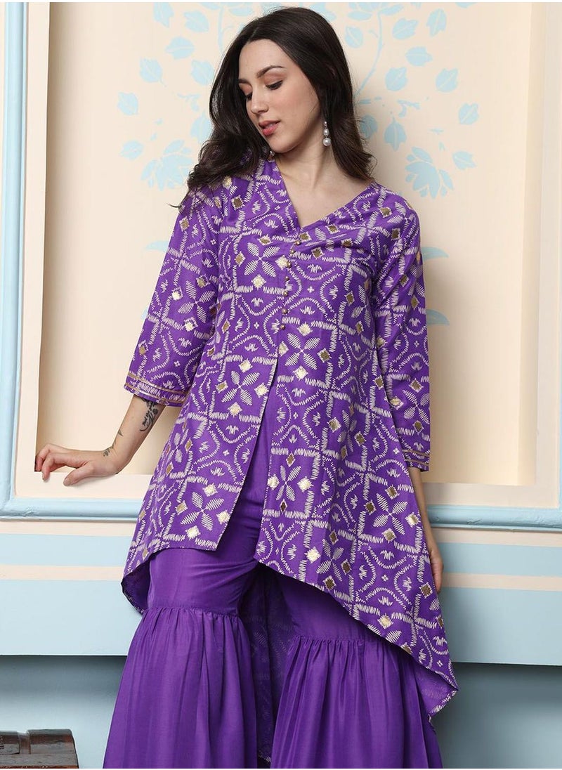 ISHIN Women's Purple Chiffon Self Design Full Length Palazzo Kurta Set  - Image 2