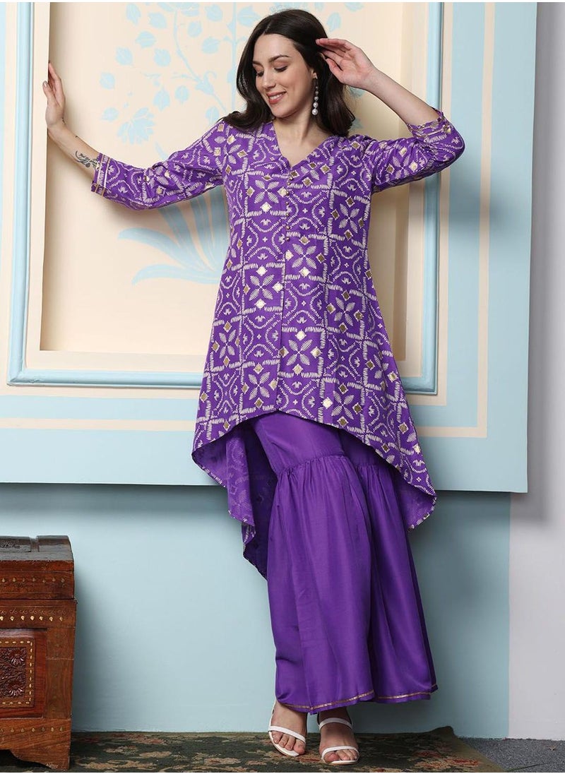 ISHIN Women's Purple Chiffon Self Design Full Length Palazzo Kurta Set  - Image 3