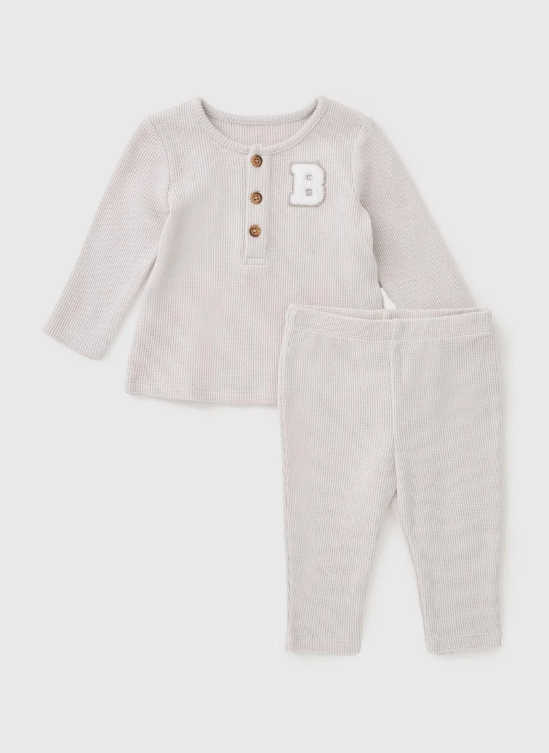 ماتلان Baby Grey Waffle Varsity Top & Legging Set