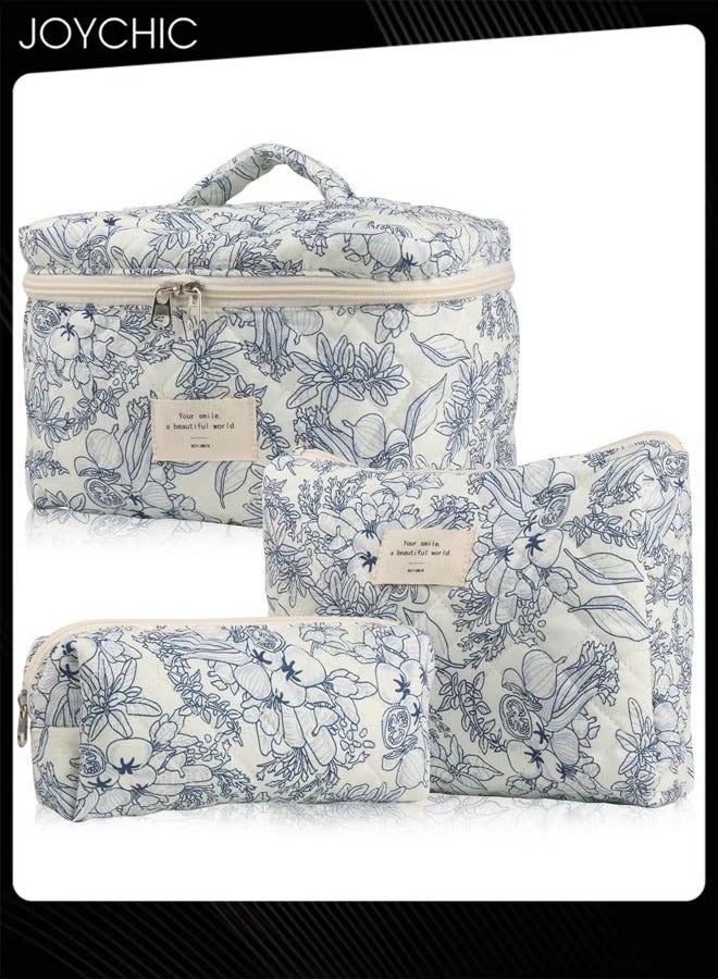 Joychic طقم حقائب مكياج نسائية 3 قطع مزخرفة بالأزهار بتصميم أنيق حقائب مكياج للسفر حقائب تجميل حقيبة تنظيم مستحضرات التجميل باللون الأزرق الداكن مع مقبض علوي - Image 1