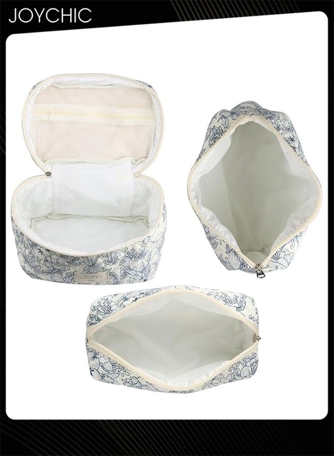 Joychic طقم حقائب مكياج نسائية 3 قطع مزخرفة بالأزهار بتصميم أنيق حقائب مكياج للسفر حقائب تجميل حقيبة تنظيم مستحضرات التجميل باللون الأزرق الداكن مع مقبض علوي - Image 3